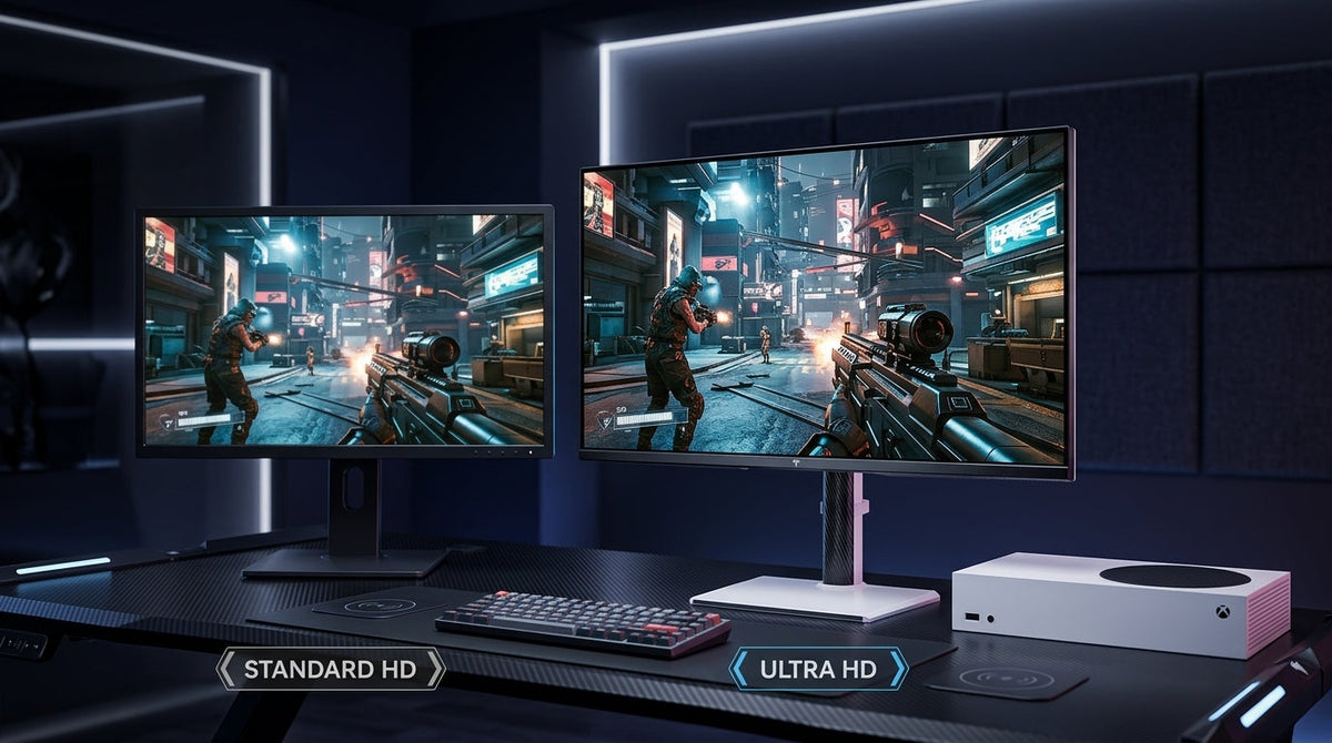 A split-view comparison of 27-inch 1440p and 32-inch 4K monitors in a gaming setup