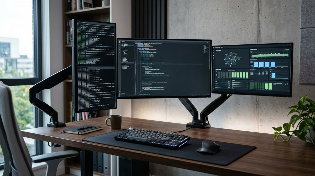 A high-end developer workstation for local LLM deployment featuring multiple high-resolution monitors on a clean modern desk, displaying code and GPU performance metrics.