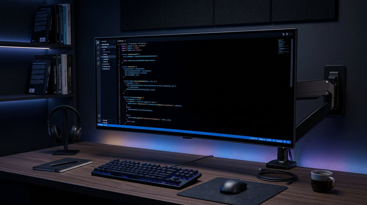 A professional developer's desk setup at night featuring a high-contrast monitor displaying a dark-themed code editor with vibrant syntax highlighting against a deep black background.