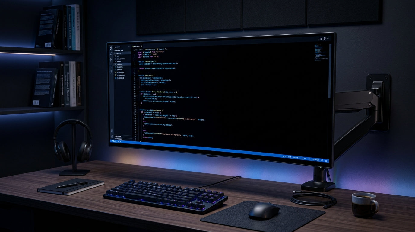 A professional developer's desk setup at night featuring a high-contrast monitor displaying a dark-themed code editor with vibrant syntax highlighting against a deep black background.