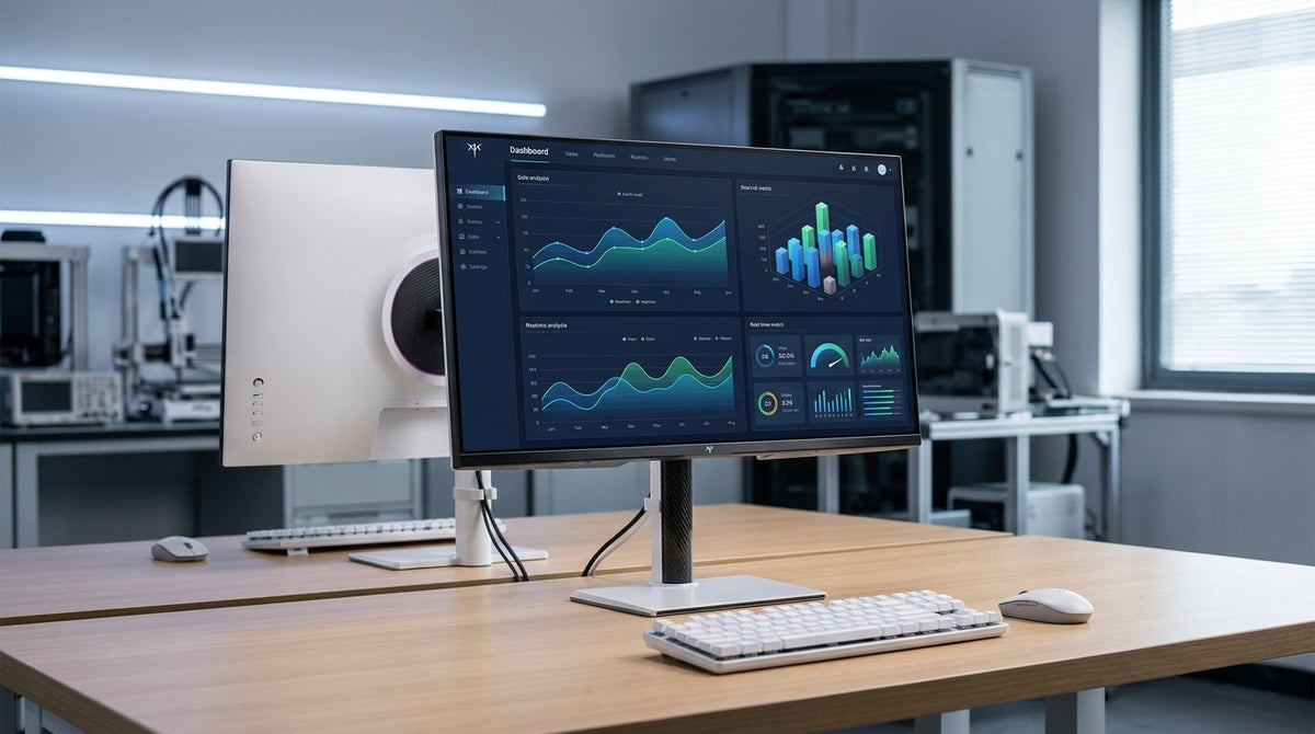 A high-resolution monitor on a professional desk displaying a complex server metrics dashboard with graphs.