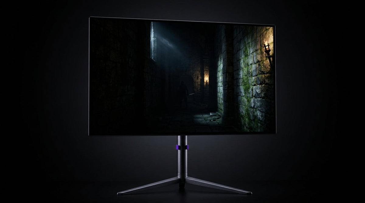 A gaming monitor in a dimly lit room displaying a high-contrast stealth game scene with a subtle enemy silhouette in the shadows.