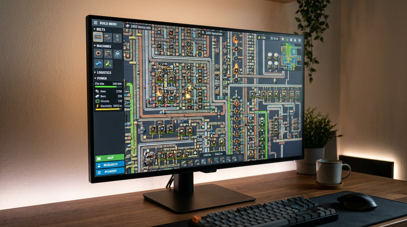 A high-resolution 27-inch 4K gaming monitor displaying a dense and colorful factory simulation game with sharp machinery and UI details.