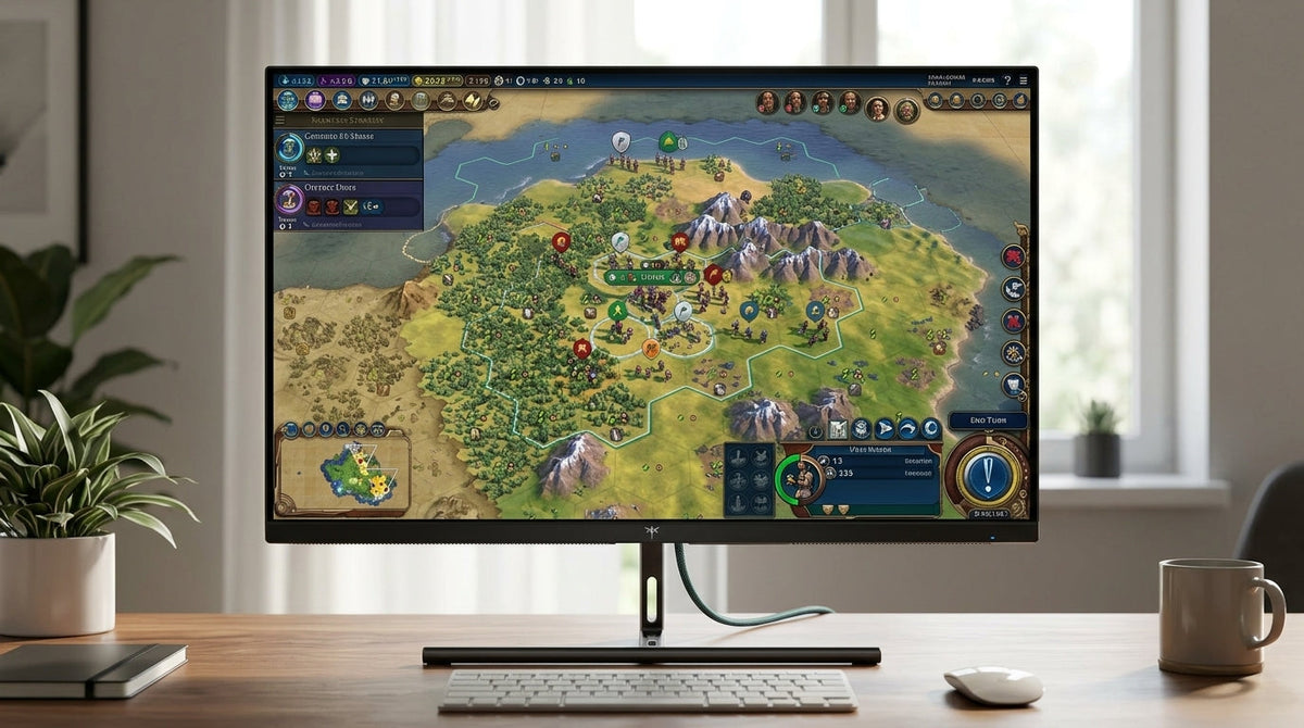 A 27-inch 5K monitor displaying a detailed turn-based tactical game interface on a clean, professional wooden desk with natural lighting.