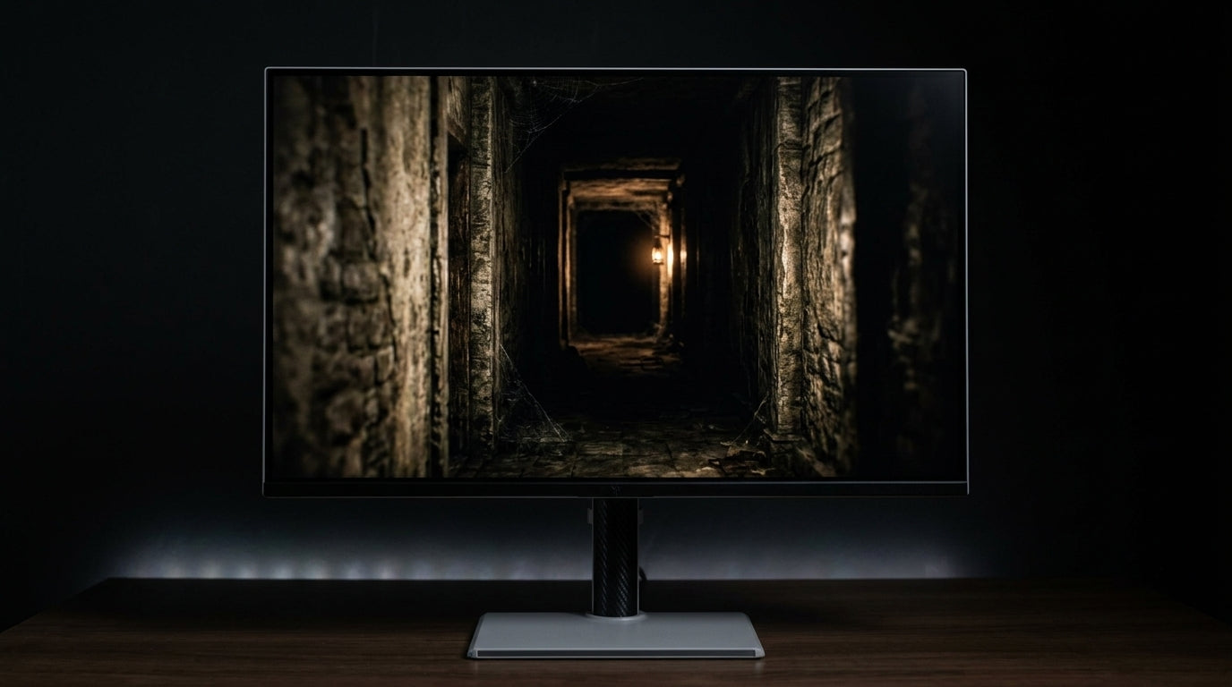 High-end gaming monitor in a dark room displaying a tense horror game corridor with deep inky blacks, visible shadow textures, and sharp contrast for immersive HDR experience
