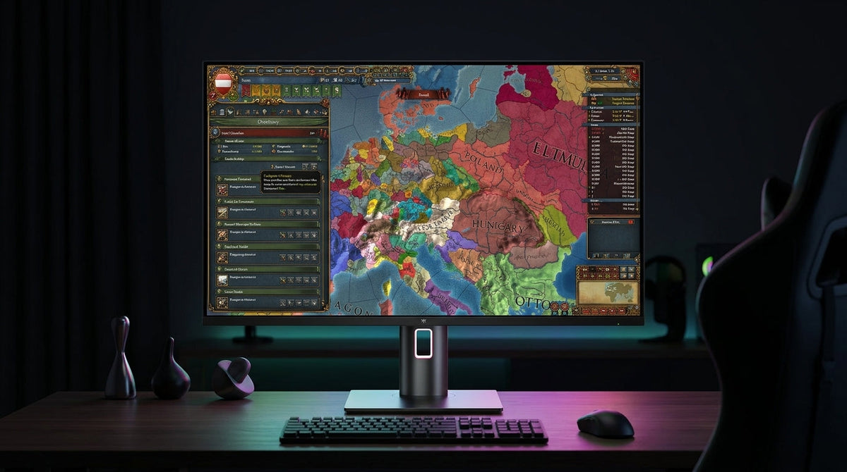 A high-end 27-inch 4K monitor in a dark gaming setup, displaying a detailed grand strategy game map with sharp UI elements and intricate province borders.