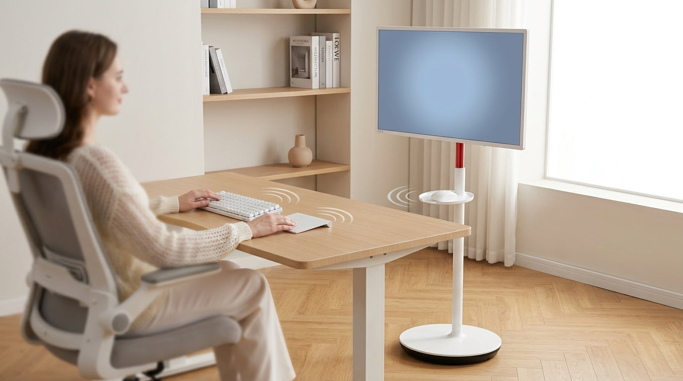 A clean, modern home office desk featuring a large smart display, a wireless keyboard, and a mouse, with subtle icons representing wireless connectivity.