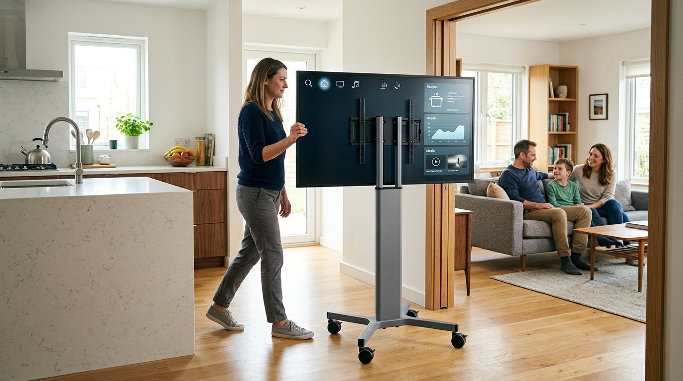 A large mobile smart touch monitor on a wheeled stand being moved from a modern kitchen into a living room where a family is gathered.