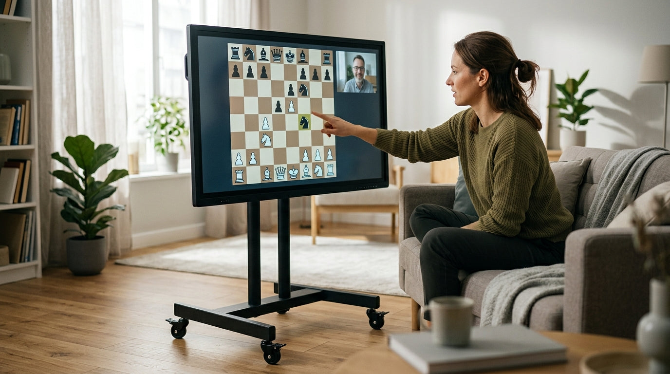 A person in a living room interacts with a large portable touchscreen monitor showing a chess game and a video call with a remote player.