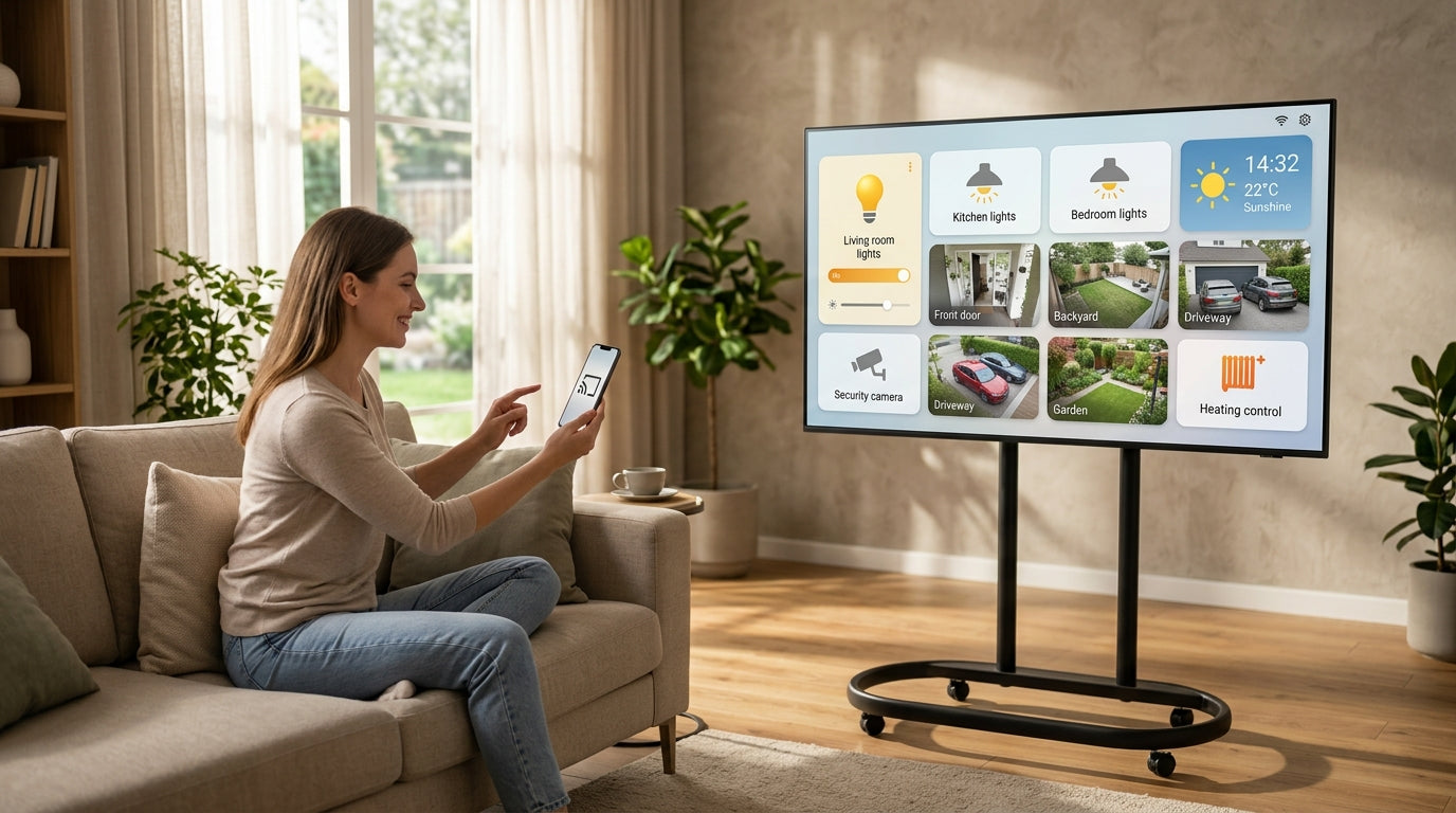 A large mobile smart monitor in a modern living room displaying a smart home dashboard with camera feeds and lighting controls while a person uses a smartphone to cast content.