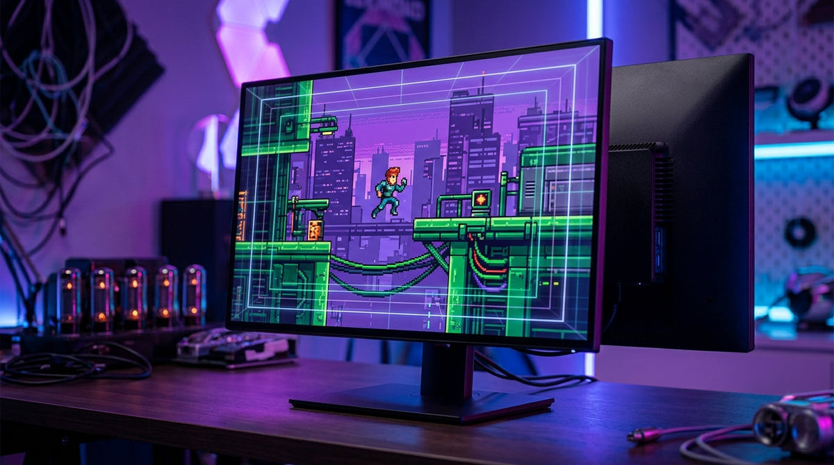 A high-performance gaming monitor displaying a retro-style pixel art Metroidvania game with a sci-fi aesthetic, featuring subtle glowing overlays that illustrate different aspect ratio boundaries like 4:3 and 16:9 in a dark, cinematic gaming setup.