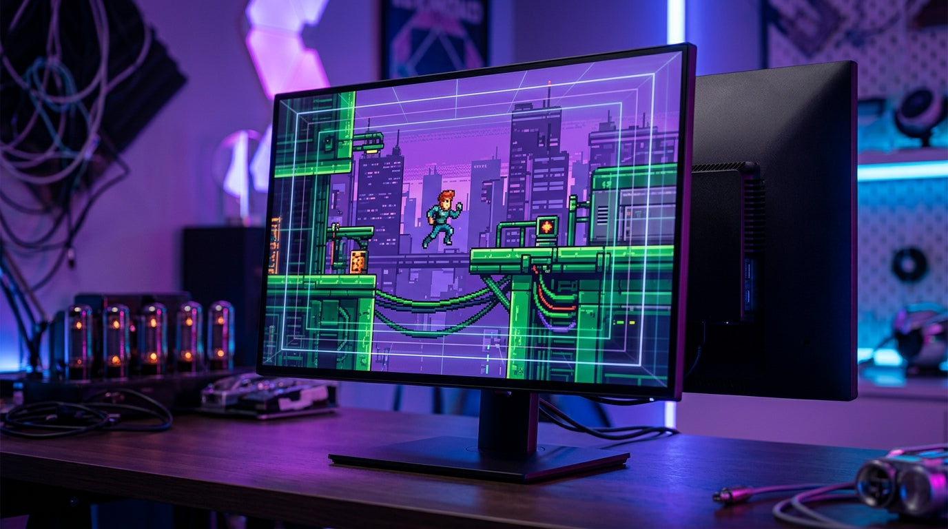 A high-performance gaming monitor displaying a retro-style pixel art Metroidvania game with a sci-fi aesthetic, featuring subtle glowing overlays that illustrate different aspect ratio boundaries like 4:3 and 16:9 in a dark, cinematic gaming setup.
