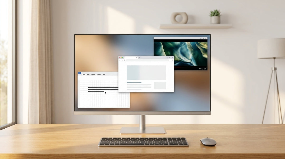 A modern minimalist home office setup featuring a large standalone smart display monitor on a clean desk, showing both entertainment and productivity apps without a PC.