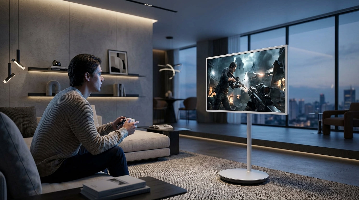 A person in a modern living room playing a video game using a wireless controller on a large smart display mounted on a floor stand.