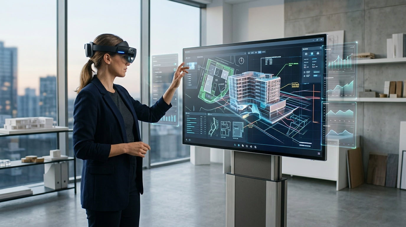 A high-tech professional studio featuring a large smart touch monitor as a central hub for a mixed reality workspace, with a user wearing an AR headset interacting with 3D digital overlays and floating interface elements.