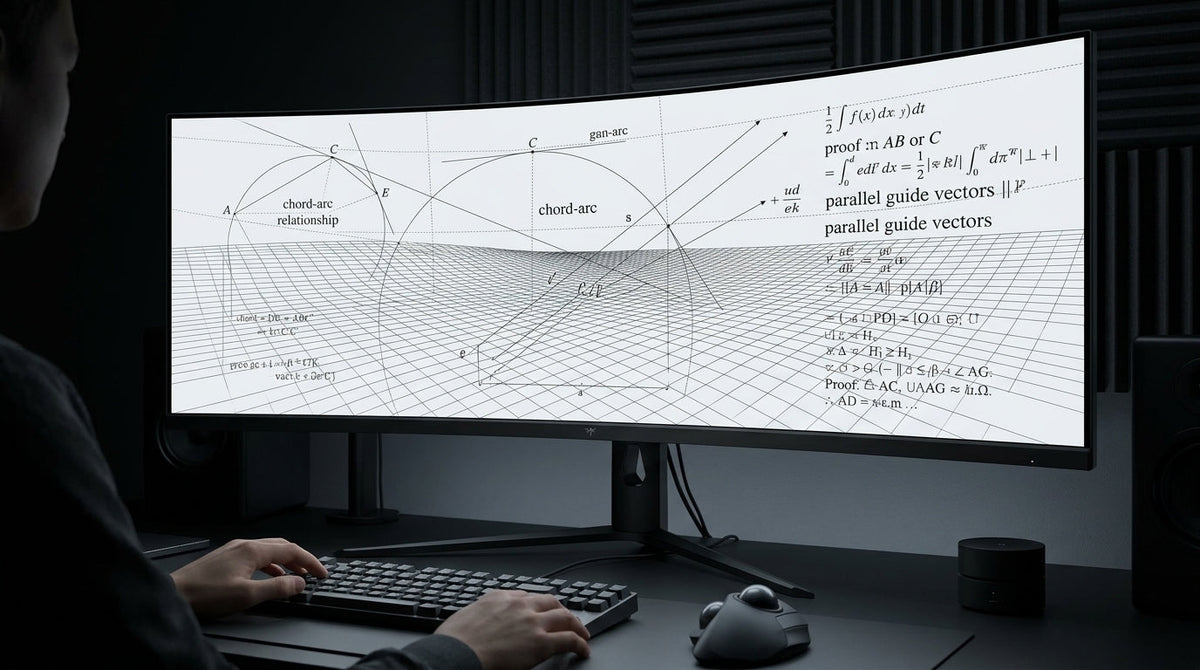 Technical diagram of curved monitor geometry with FOV rays and mathematical overlays on a realistic workstation monitor.