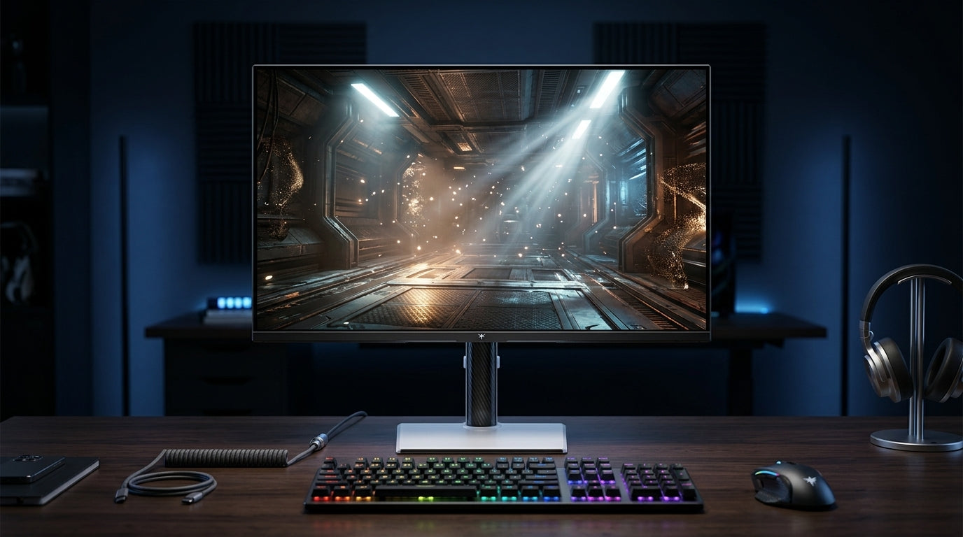 A professional VR developer workstation in a dark room featuring a 27-inch 4K monitor displaying a vibrant Unreal Engine 5 scene with realistic lighting and high-fidelity geometry.