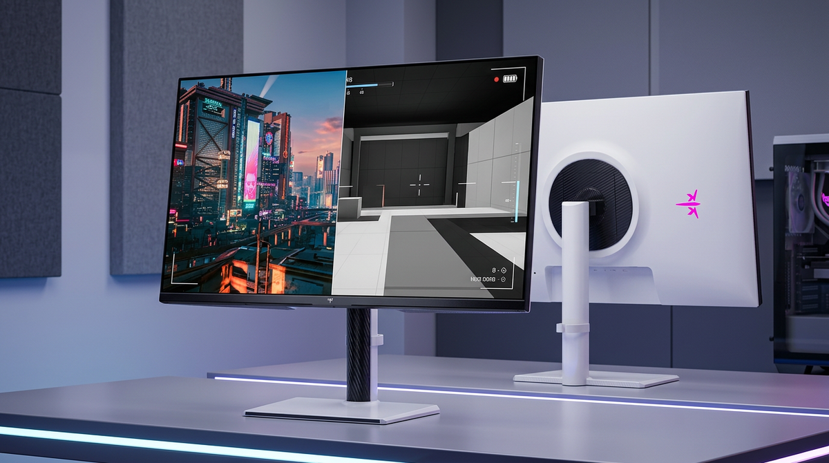 A 27-inch dual-mode gaming monitor displaying a vertical split screen: the left side showing a highly detailed 4K cinematic fantasy landscape and the right side showing a sharp 1080p competitive esports shooter view with a crosshair.