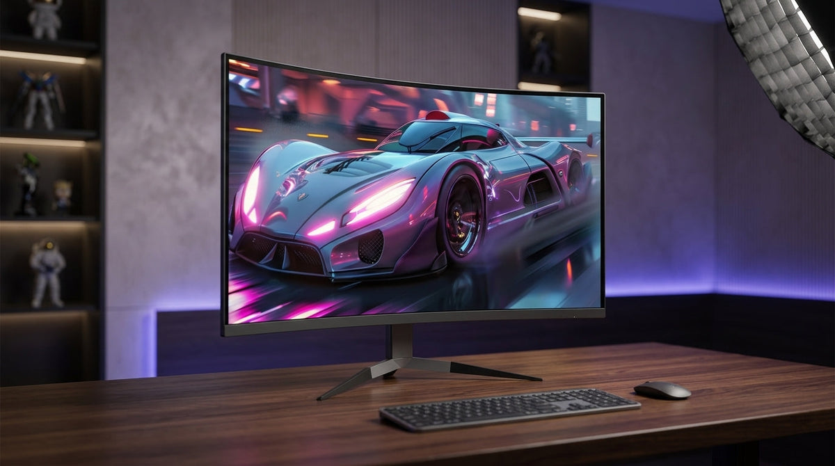 A large 32-inch curved gaming monitor on a professional deep desk setup in a modern room with ambient lighting, showcasing the immersive 1000R curvature.