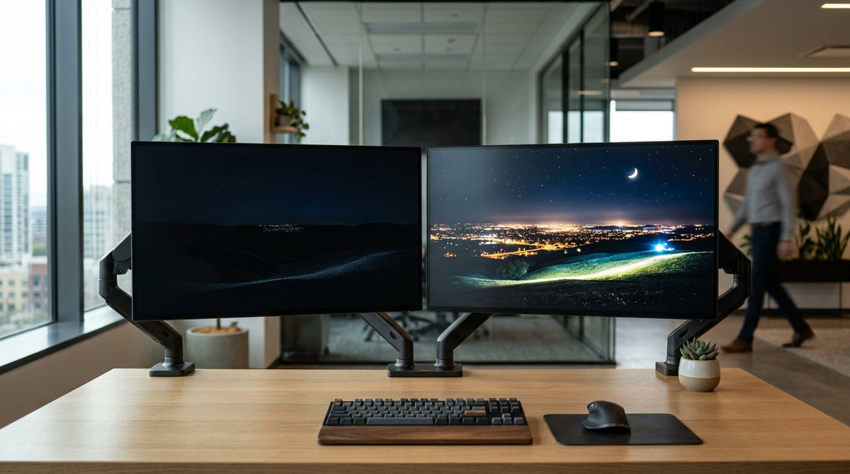 A dramatic side-by-side comparison of a premium Mini-LED monitor and an OLED monitor on a minimalist modern desk in a futuristic office setting, highlighting contrast and high-end tech aesthetic.