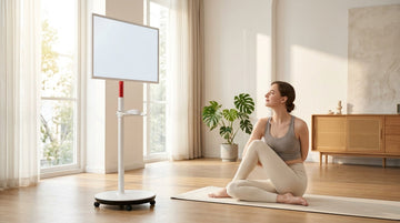 A person practicing yoga in a bright, modern living room, looking at a large 32-inch mobile smart display on a rolling stand from a side angle.