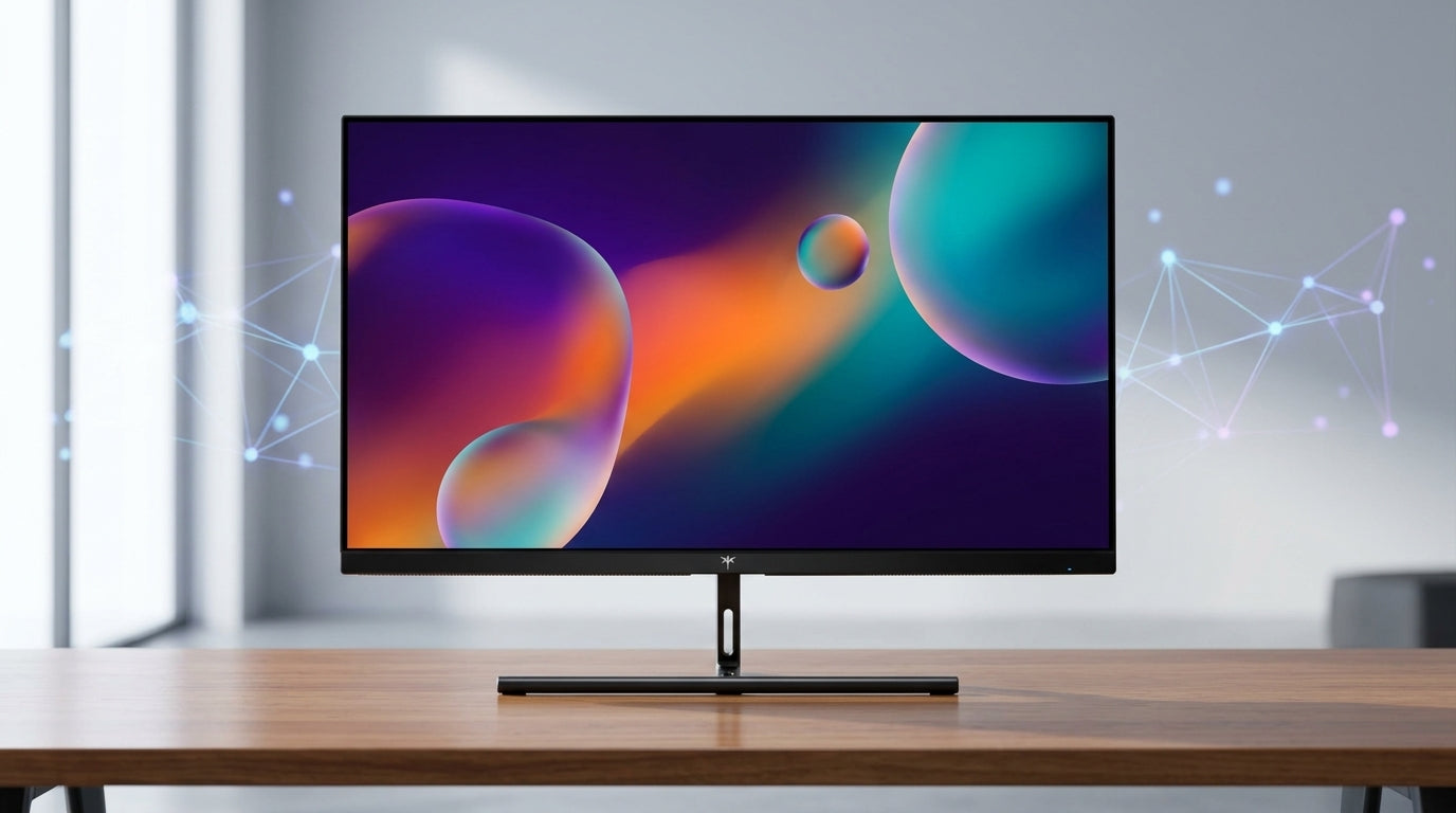 A 27-inch 5K professional creator monitor in a minimalist design studio with a subtle AI neural network overlay and high color accuracy display.