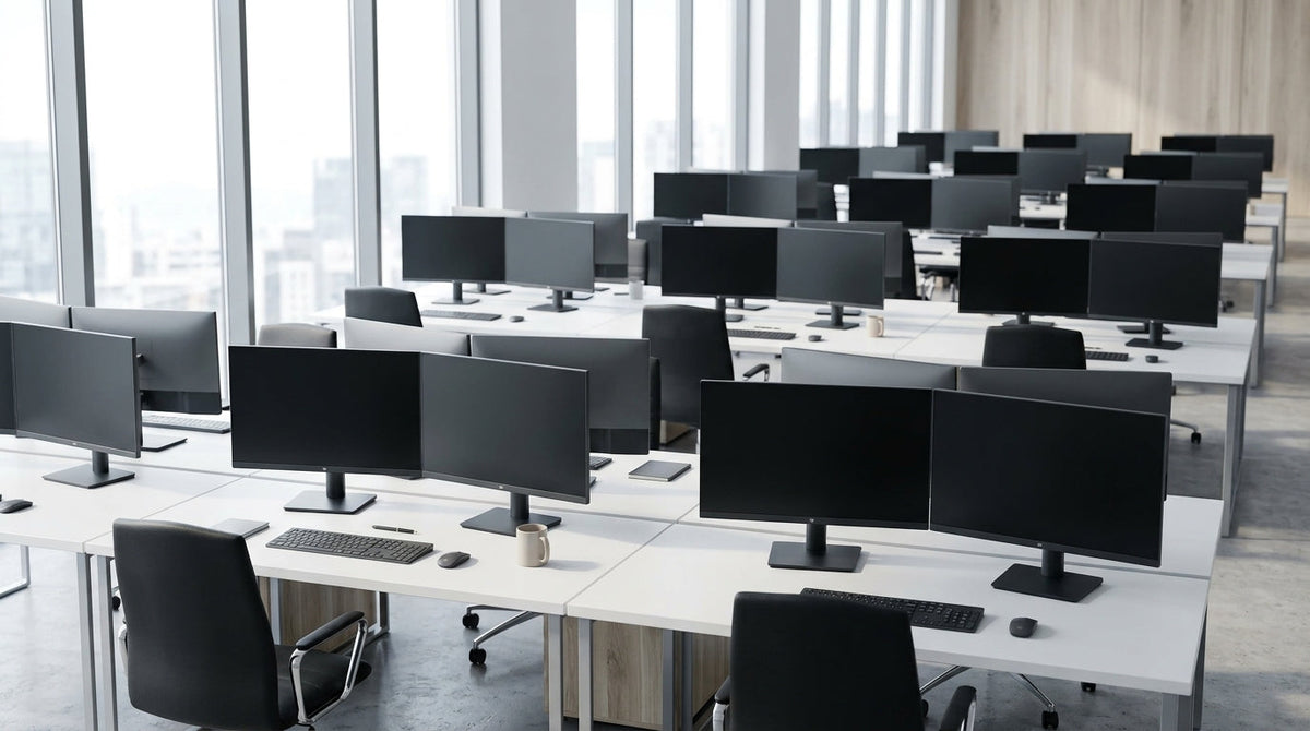A modern startup office with rows of clean desks, each equipped with identical professional monitors, in a bright, sunlit co-working space.