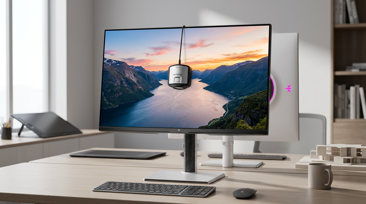 A professional creative workspace featuring a high-end 27-inch Mini-LED monitor on a minimalist desk, equipped with a colorimeter and color calibration tools, with a photographer working in a modern studio.