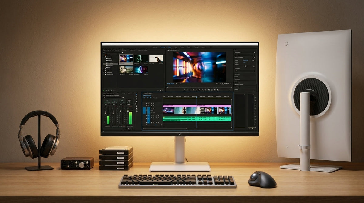 A professional creative workspace featuring a 27-inch high-resolution monitor displaying a color-accurate video editing interface with vibrant HDR content and warm bias lighting.