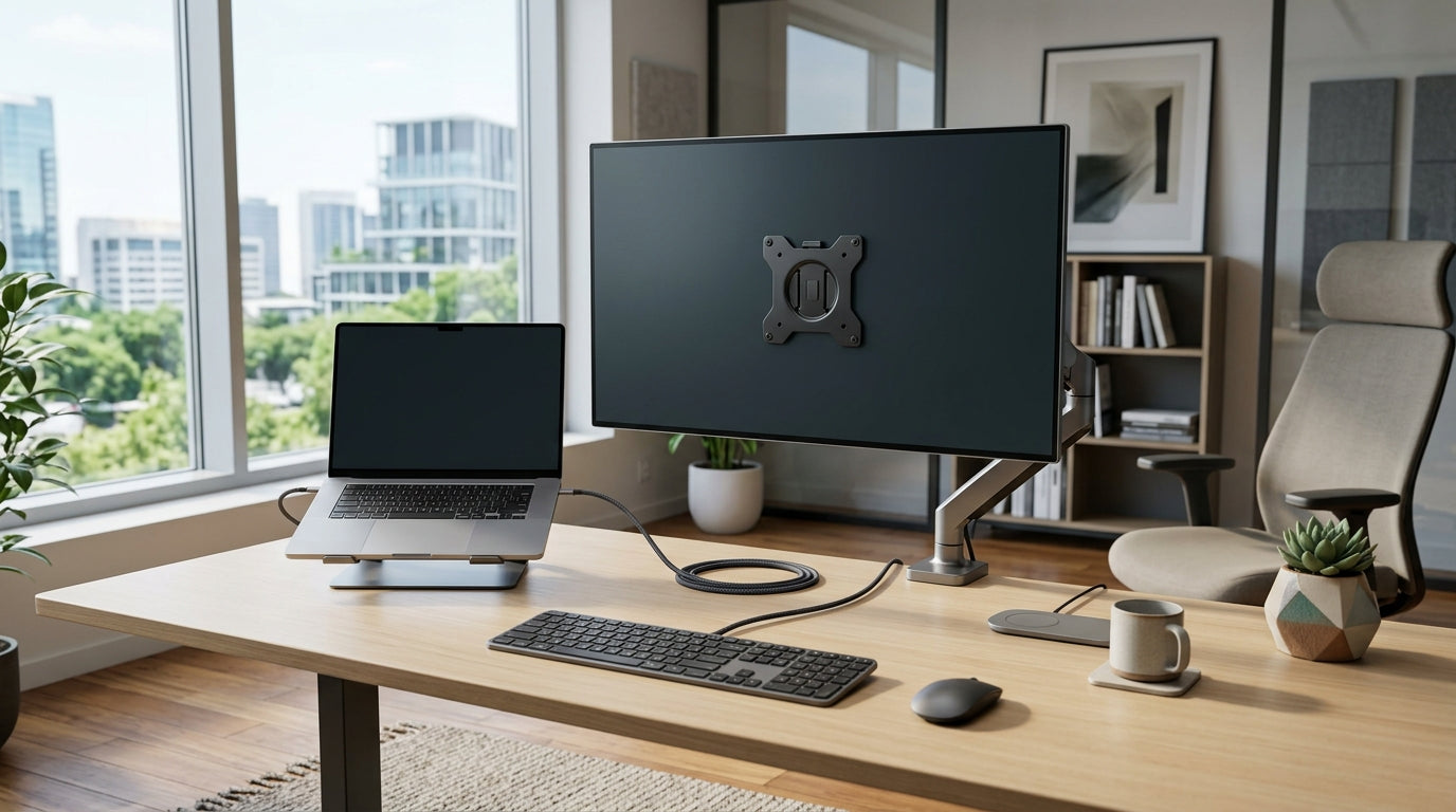 A professional and minimalist home office setup in 2026, featuring a laptop connected to a large 5K monitor via a single thin cable, with soft lighting and modern peripherals.