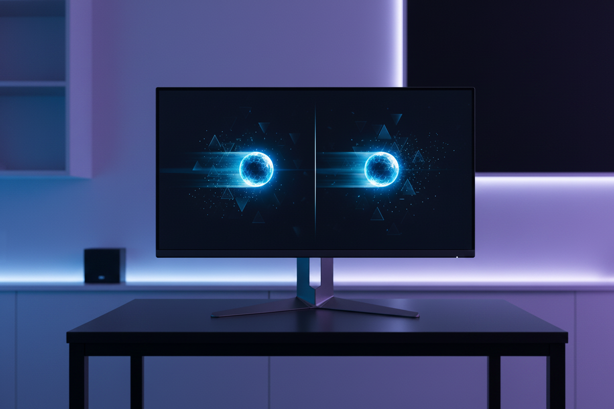A high-refresh gaming monitor displaying a motion clarity test with a split-screen effect showing blur vs sharpness.