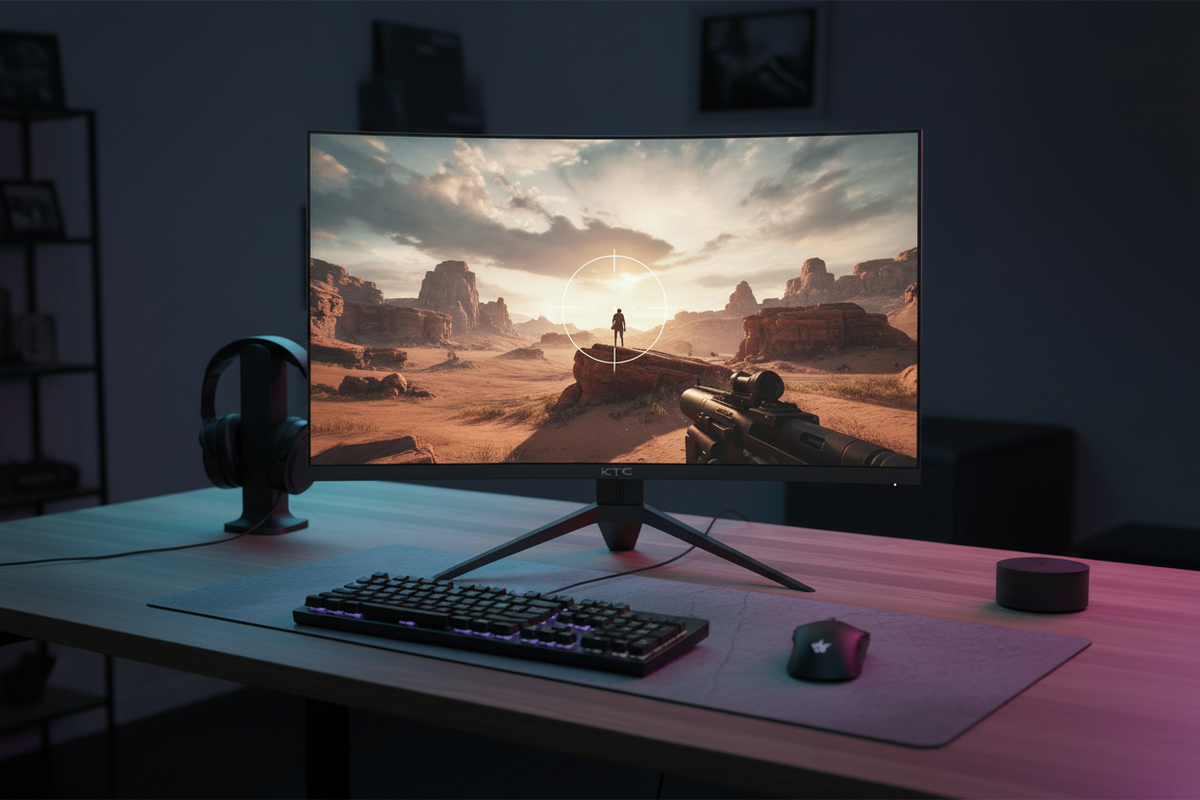 A high-performance gaming monitor displaying an intense first-person shooter scene with high contrast and sharp details in a professional esports environment.