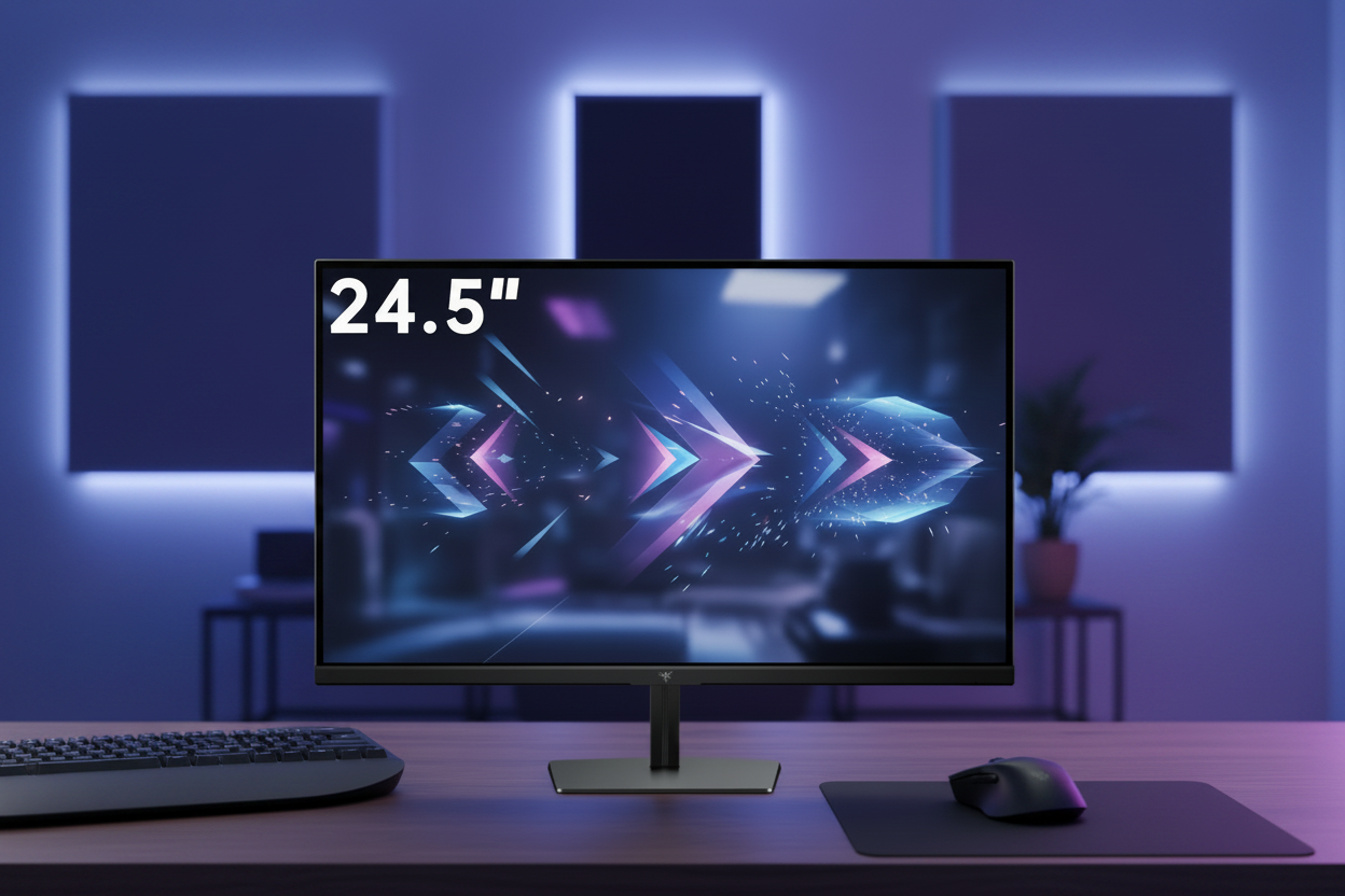 A high-performance gaming monitor on a clean desk setup showing a fluid motion blur test with smooth moving objects.