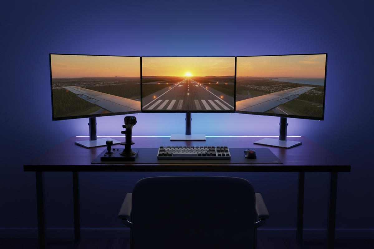 A professional home flight simulator setup featuring three monitors displaying a panoramic cockpit view during a landing approach.