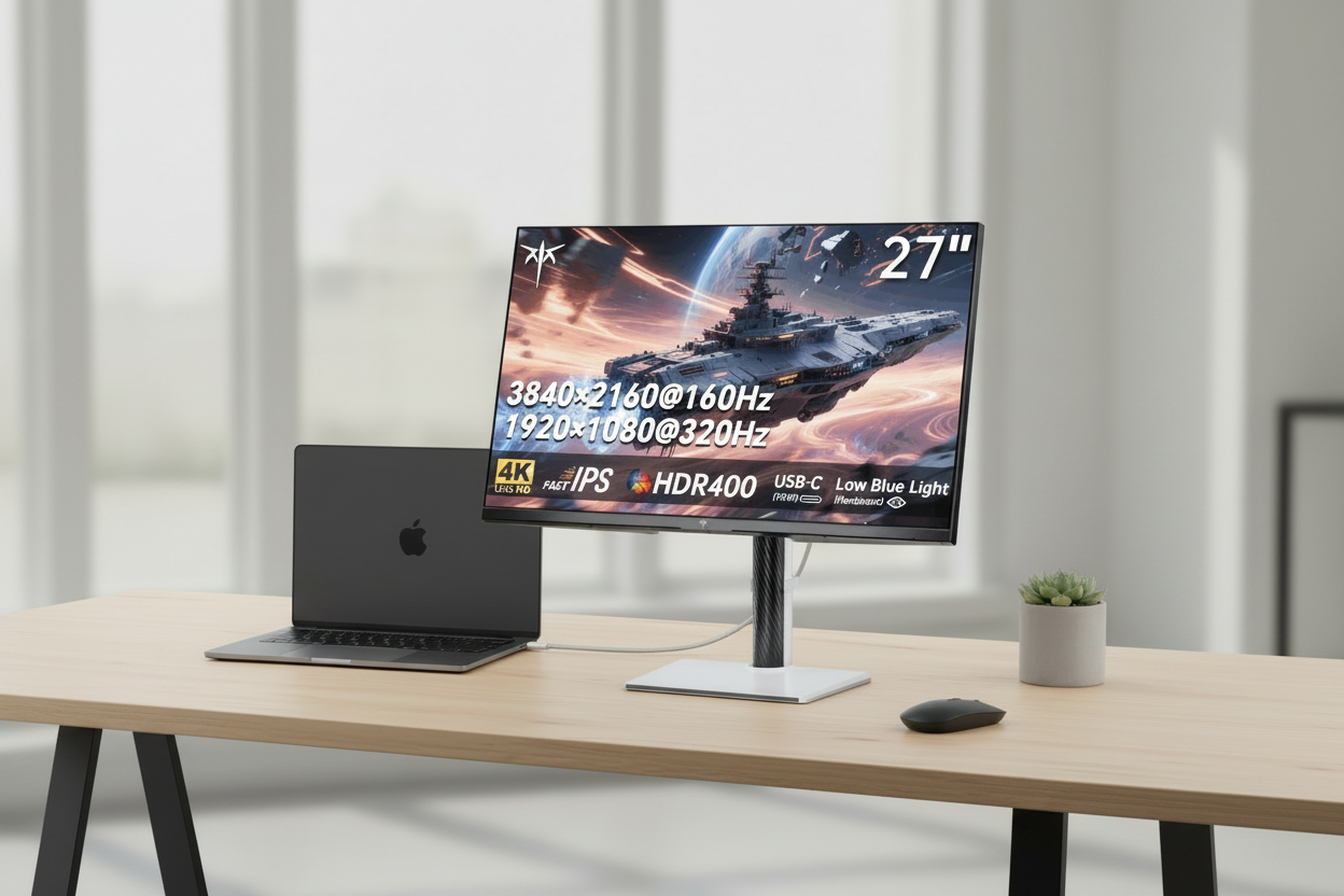 MacBook connected to a monitor via single USB-C cable showing clean desk setup