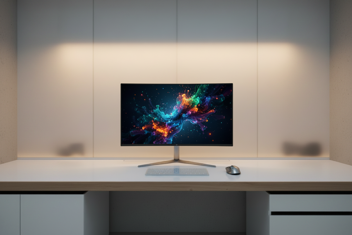 A sleek 27-inch OLED gaming monitor on a minimalist desk with soft RGB lighting in a modern 2026 setup.