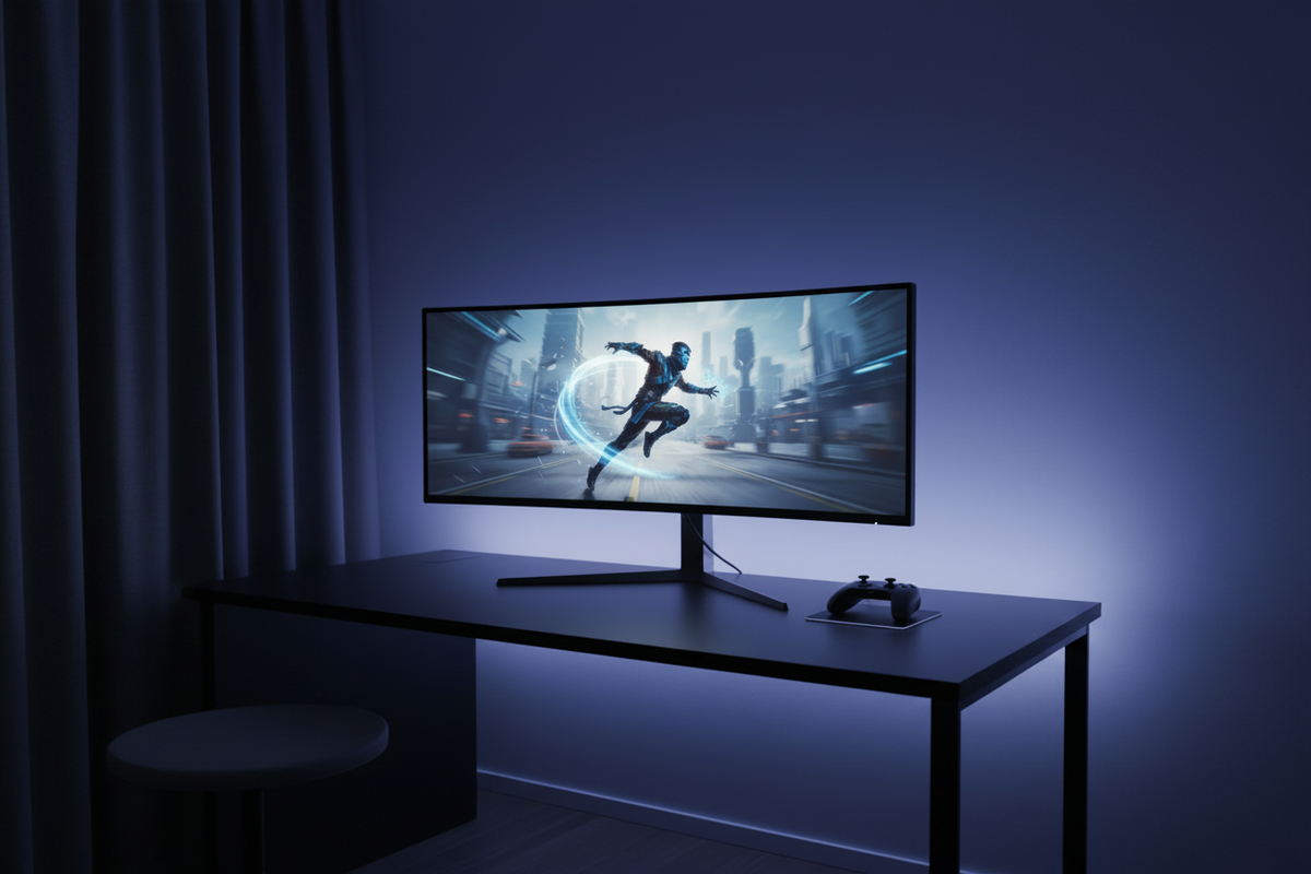 A high-end gaming monitor displaying a sharp, clear first-person shooter scene with minimal motion blur, illustrating the benefit of high refresh rates in competitive gaming.