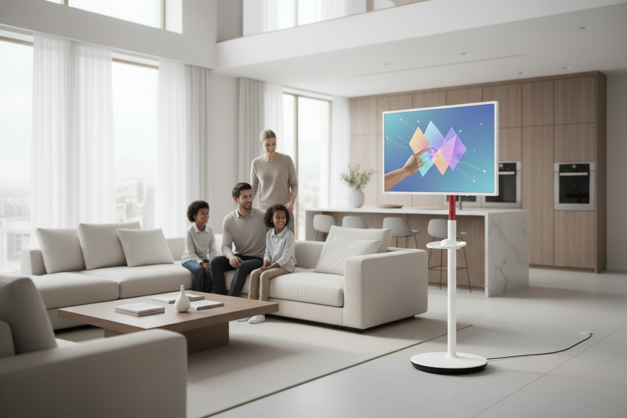 A large mobile smart touch monitor on a minimalist wheeled stand in a sunlit modern living room, with family members interacting with the screen.