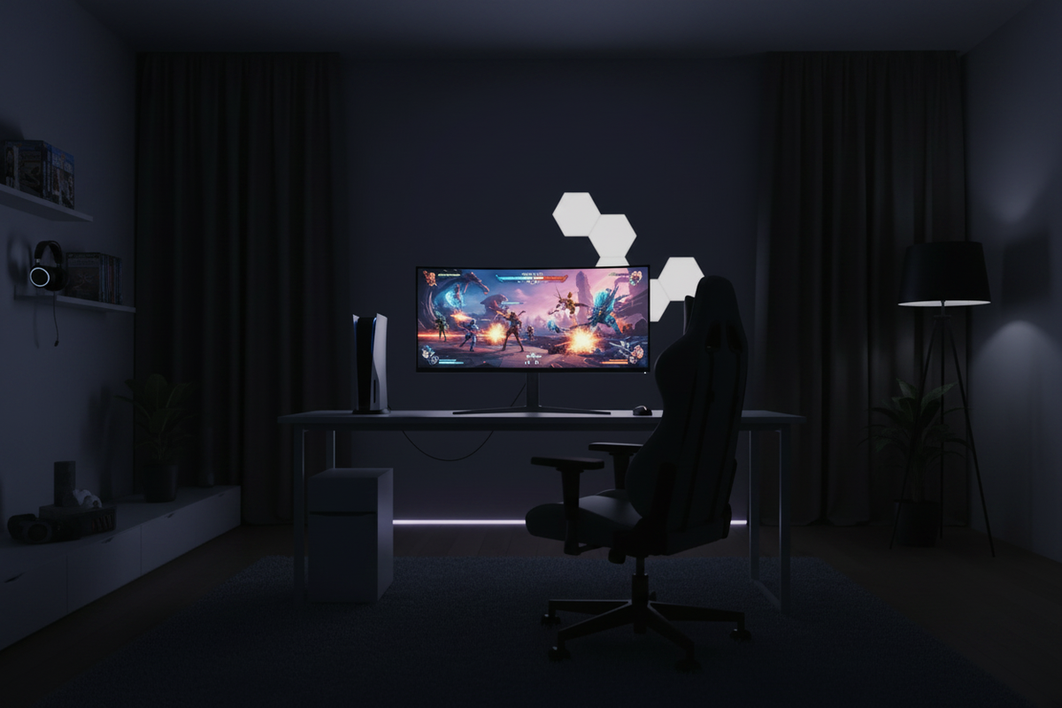 A modern gaming setup featuring a console and a gaming monitor in a dark room with RGB lighting, displaying a smooth and vibrant game scene.
