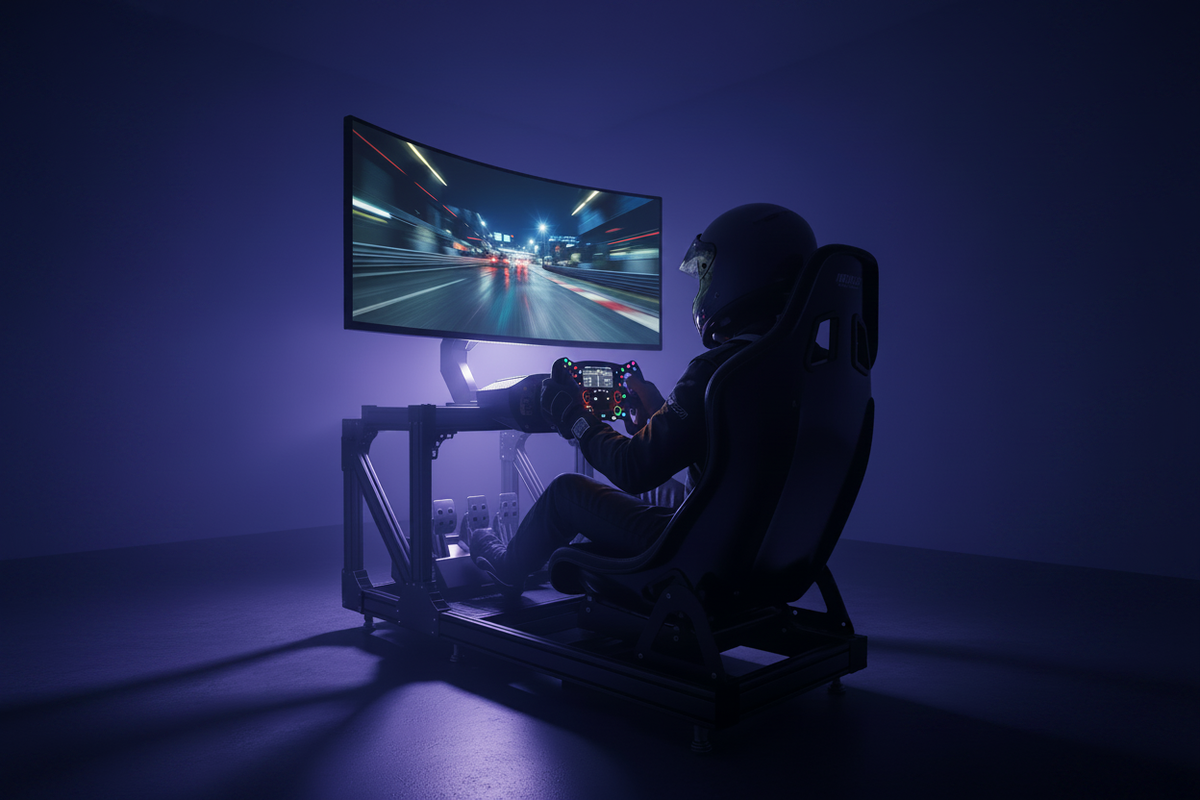 A high-end professional sim racing cockpit in a dark room with immersive ambient lighting, featuring a massive 49-inch ultra-wide curved monitor showing a realistic racing scene from the driver's perspective.
