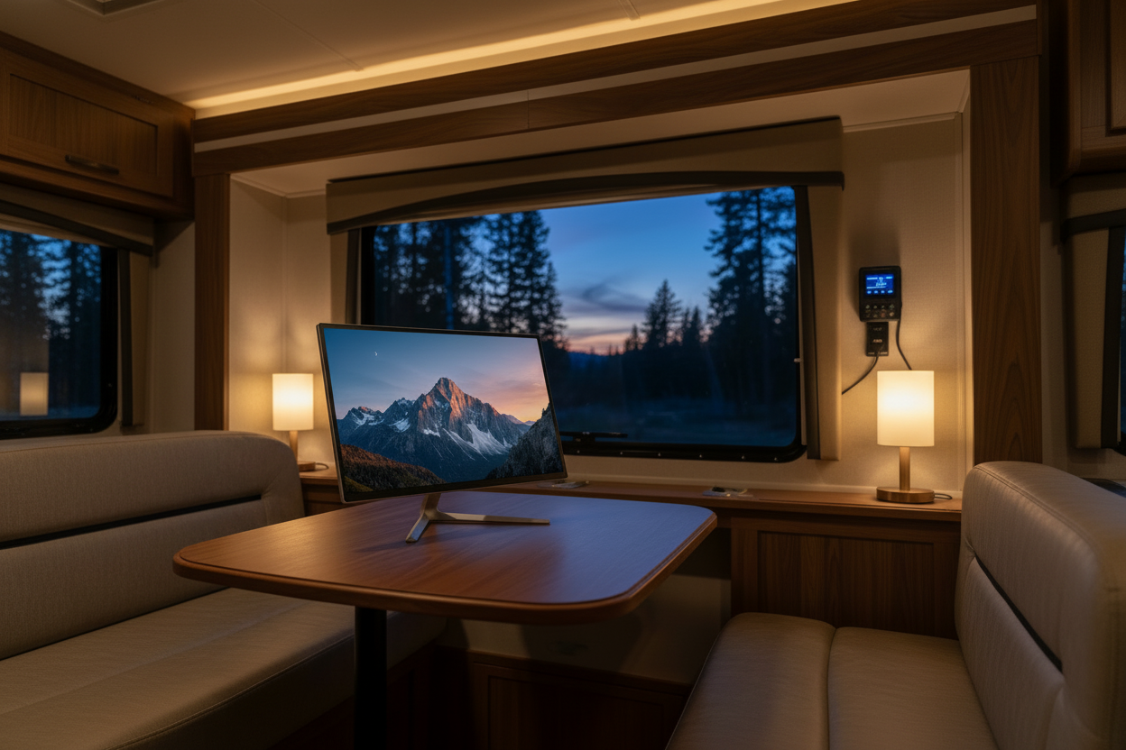 A large portable smart monitor on a stable stand inside a cozy RV at dusk, displaying a beautiful landscape view, with a window showing a sunset forest in the background.