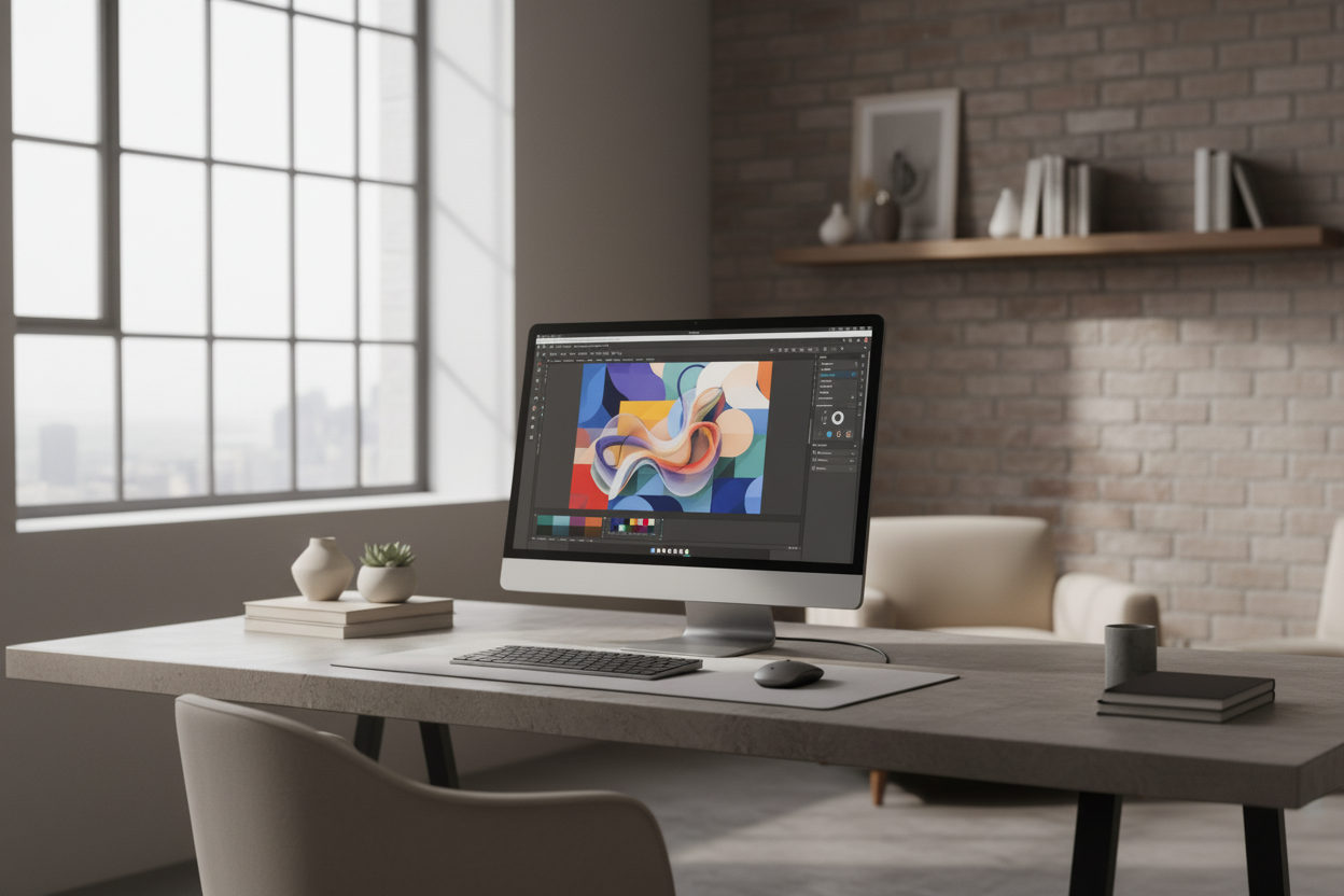 A professional monitor on a creative desk showing color-accurate design software in a modern studio.