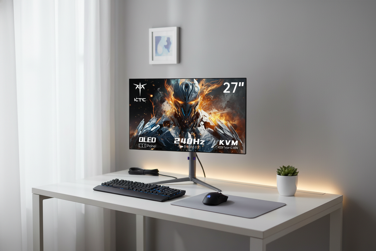 A 27-inch gaming monitor on a clean, modern desk in a hybrid home office and gaming setup.