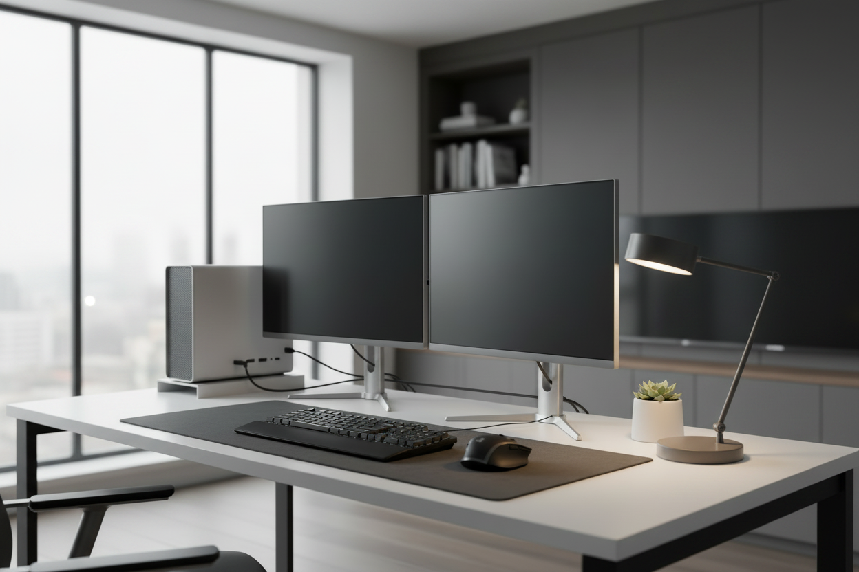 A clean and modern dual-monitor workstation featuring two slim-bezel displays connected via DisplayPort daisy chaining, showing a single cable from the desktop PC to the first monitor and another cable connecting the two monitors together.