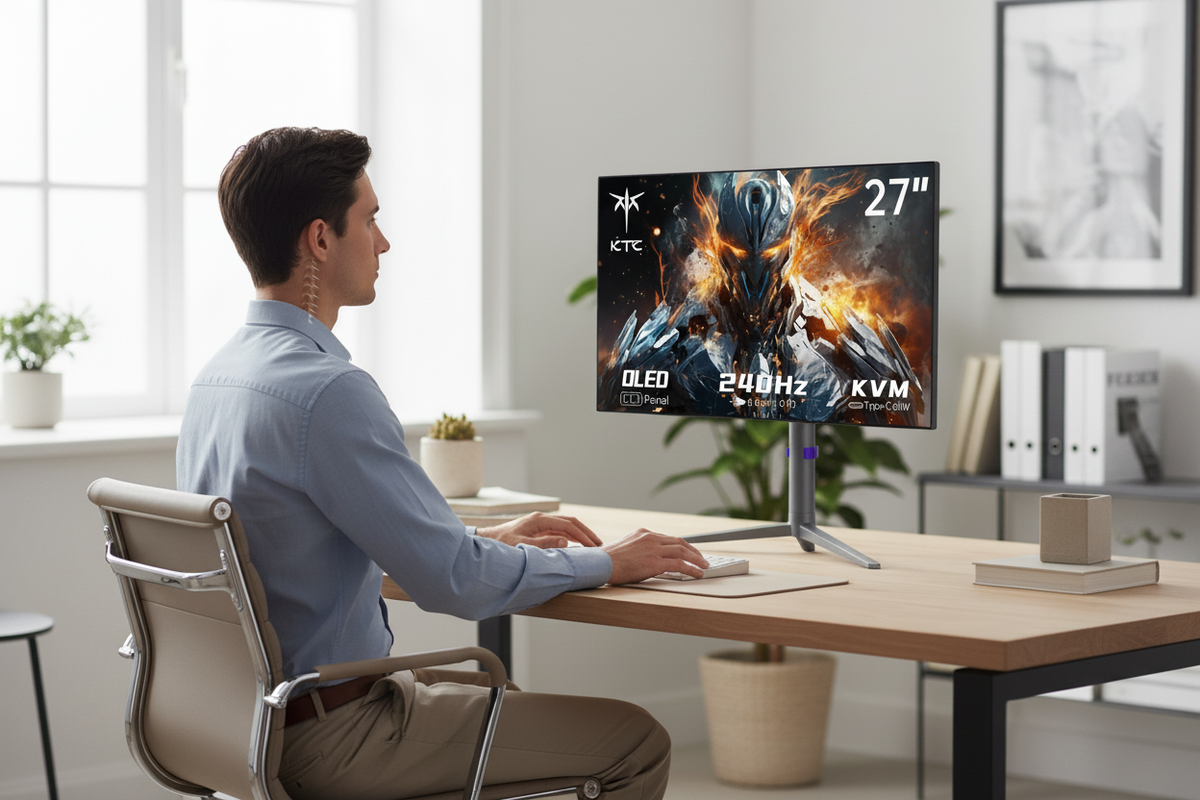 A modern desk setup featuring a 27-inch monitor on a height-adjustable stand, positioned for ergonomic comfort in a bright home office.