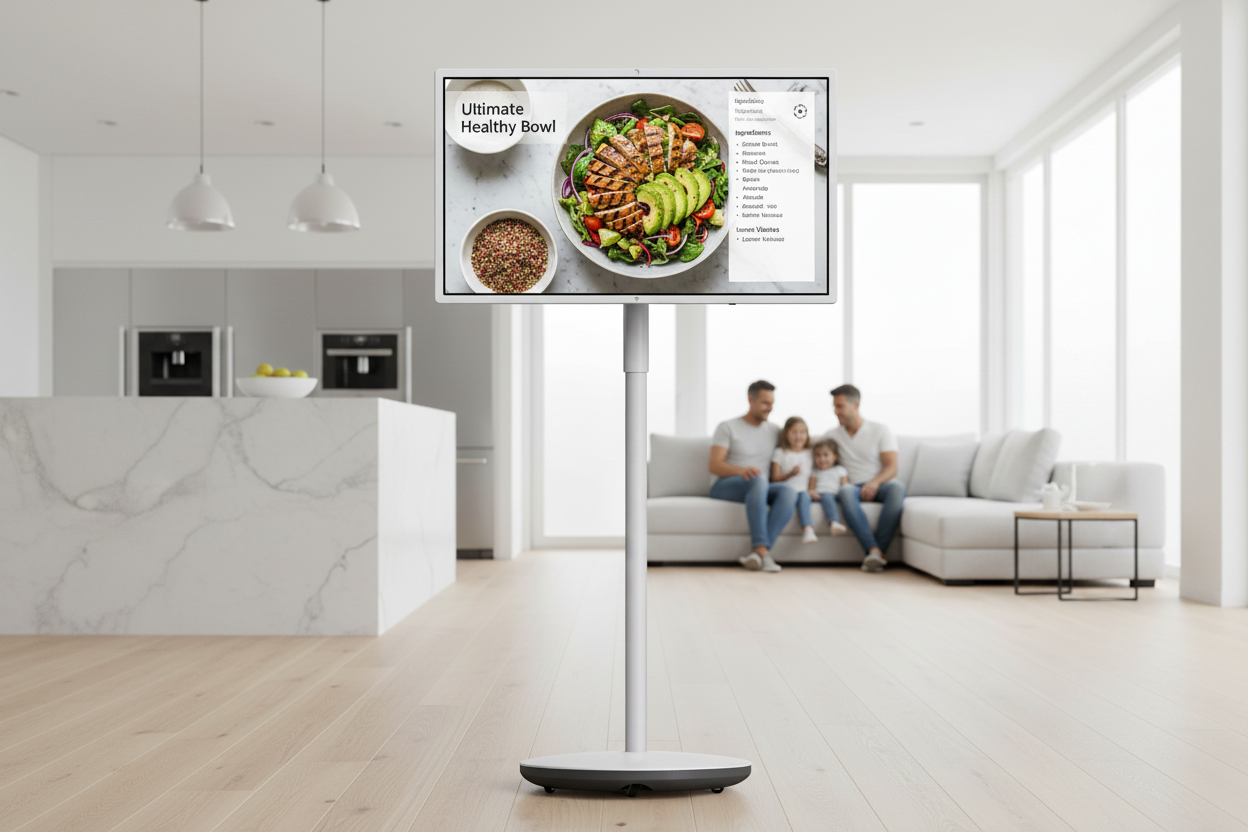 A large smart monitor on a rolling stand in a bright modern kitchen, displaying a recipe while a family watches from the distance.