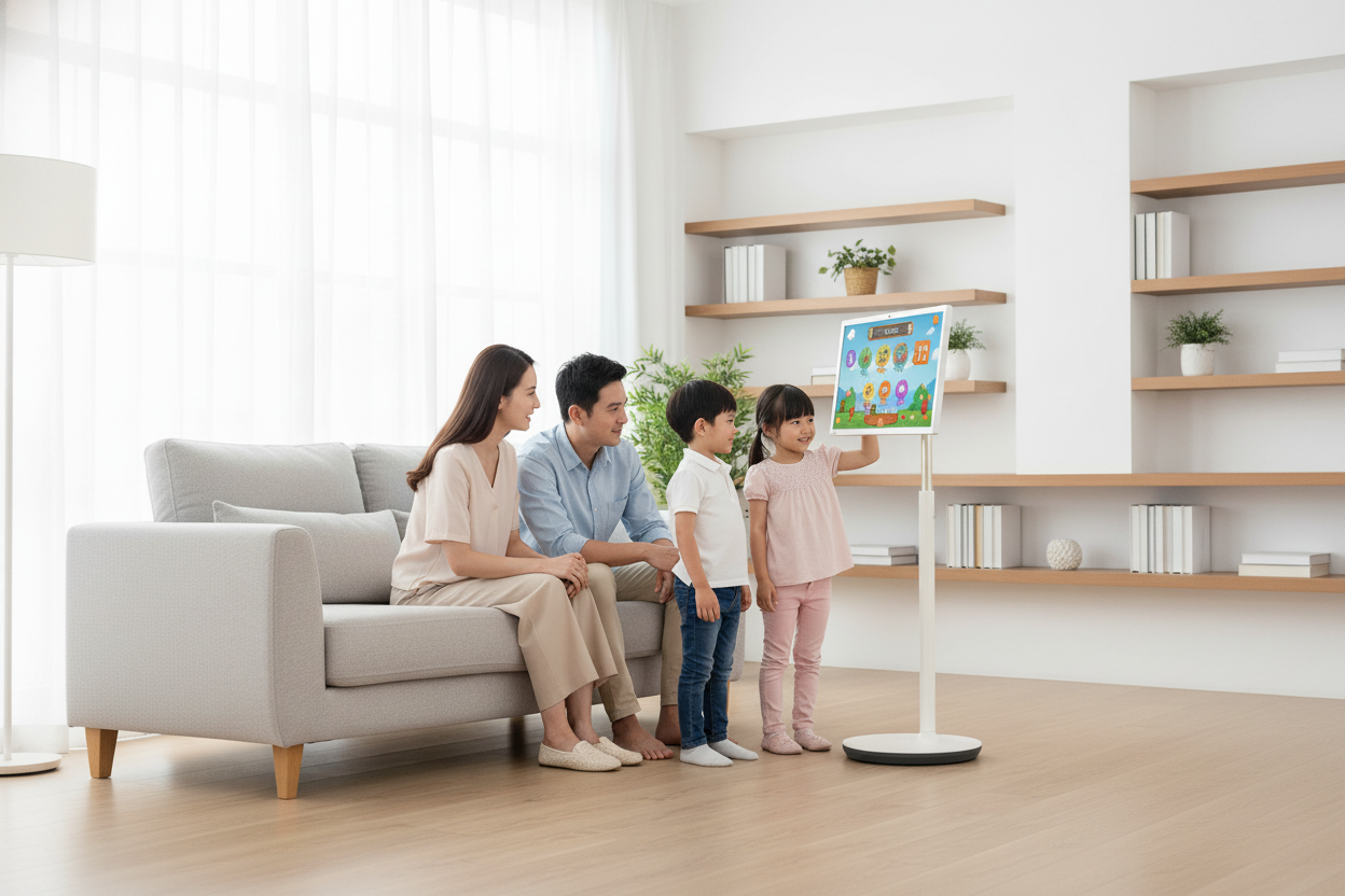 A family in a bright, modern living room where two young children are interacting with a 27-inch rolling touch screen monitor while their parents supervise with smiles.