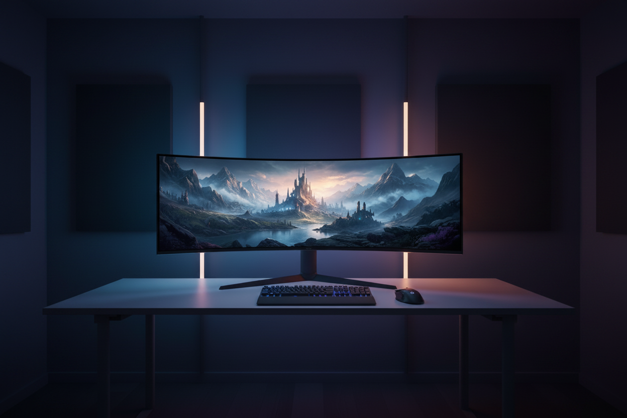 A high-tech gaming desk setup featuring a large 1500R curved ultrawide monitor showing an immersive game environment with realistic lighting.