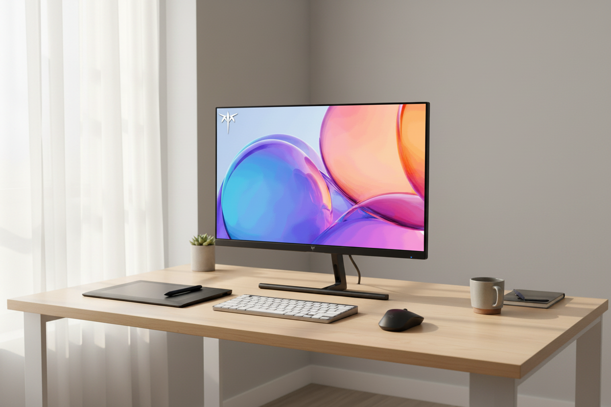 Professional creative workstation with a high-resolution monitor displaying vibrant vector art on a clean designer desk.