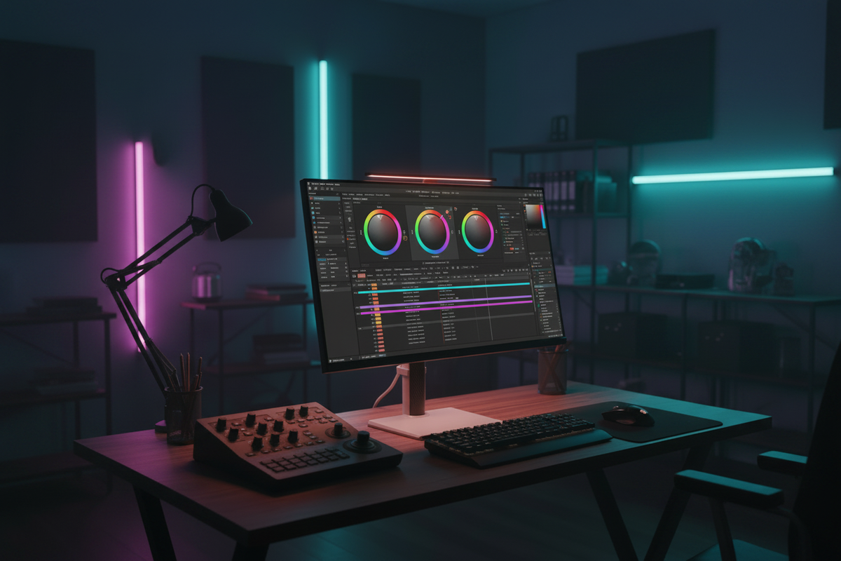 Professional video editing workstation with a high-end monitor displaying a color grading interface in a studio setting.